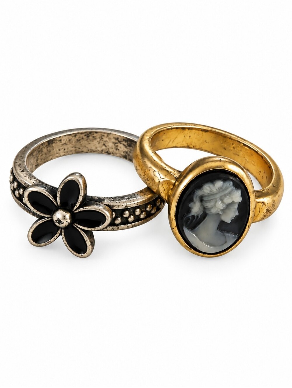 3/$30 Vintage-Inspired Black Flower & Gold Cameo Stackable Rings Size 5 & 6